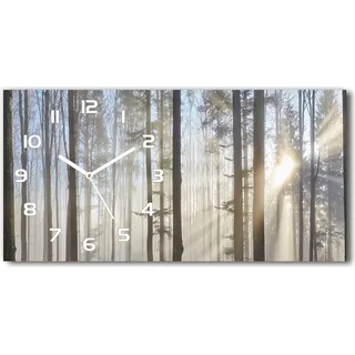 Wanduhr aus Glas – 60x30 cm - Glasbild - Glasuhr - Gehärtetes Glas - weisse-zeiger - Nebel im Wald