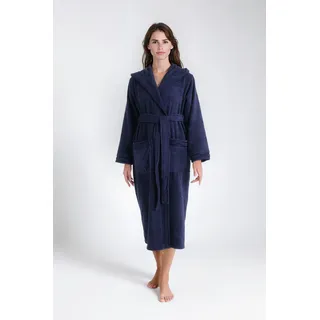 Damenbademantel BRUNO BANANI "Clement, ideal für Sauna & Spa, Hotelbademantel, Morgenmantel" Gr. XS, blau (marine), L:120cm, Walkfrottier, Hausmäntel, Damenbademantel, 100% Baumwolle, einfarbig, glänzende Streifen-Bordüre, Taschen, XS-3XL