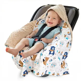 Medi Partners Einschlagdecke Baby Babyschale 100% Baumwolle für Sommer 85x85cm Kinderwagen Kuscheldecke universal Baby Decke Einschlagdecken Babydecke Buggy Autositz (Boho Animals mit beige Minky)