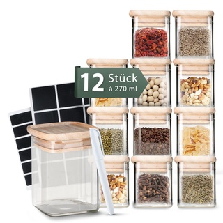 Celeko Home Stapelbare Gewürzgläser Eckig Bambus-Holzdeckel 270ml (Set 12 Stück) Gewürzbehälter Gewürzdosen Glas - Glass Spice Jars - Gewürze Aufbewahrung Kleine Gläser mit Deckel & Etiketten