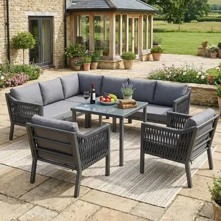 Gartenmöbel, Essgruppe, XXL Lounge, Sitzgruppe, 8 Personen, Ecksofa, Gartenstühle, Esstisch, Seilgeflecht, Rope Design, Terrassenmöbel, Outdoor, Sitzgarnitur, Grau, Wetterfest - Grau
