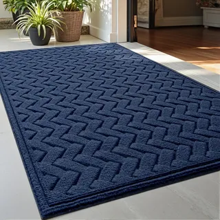 DEXI Fußmatte für den Eingangsbereich, 43,2 x 73,2 cm, rutschfest, schmutz- und lichtbeständig, leicht zu reinigender Eingangsteppich, Willkommens-Fußmatte, Terrasse, Wellen Marineblau
