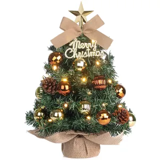 Mini Weihnachtsbaum Kleiner Weihnachtsbaum mit Beleuchtung LED Tisch Weihnachtsbaum klein künstlich geschmückt für Weihnachten Deko 40cm (Braun mit Gold)