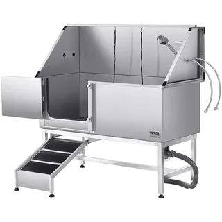 Vevor Hundewaschstation Edelstahl, 1500x700x1495 mm Tierpflegewanne mit Rampe, PE-Wasserfilterplatte, Wasserhahn, Duschkopf & Seifenhalter, für große, mittelgroße & kleine Haustiere (linke Tür)