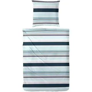 Hahn Baumwoll Premium Baumwoll Seersucker Gestreift Türkis Braun Grau, 135 x 200 cm + 80 x 80 cm Türkis - Türkis