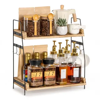 PUERSI Kaffee Regal, 2 Tier Kaffeebar Organizer, Holz Küche Aufbewahrung & Organisation mit Haken, Küchenregal Arbeitsplatte für Zuhause, Küche, Büro - Braun