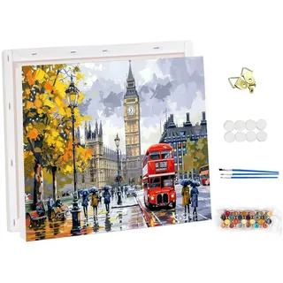 NEWENMO Big Ben Malen Nach Zahlen Erwachsene mit Rahmen,London Straßen Paint by Numbers,Roter Bus Malen Nach Zahlen Kits,DIY Handgemalt Ölgemälde Kit,für Anfänger Home Dekoration-30x40cm