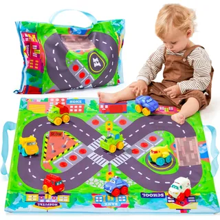 JOYIN 8 Stück Cartoon Gummi-Babyautos, Autoteppich Kinder, Bade-Spielzeugautos mit Spielmatte, Spielteppich Straße Kinderteppich, Spielzeugautos für Kinder ab 1 2 3 Jahren
