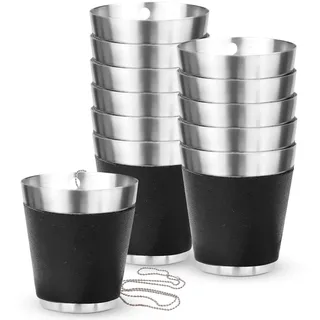 MEYAGOT Edelstahl Schnapsglas zum Umhängen, 12 Stück 30ml Schnapsgläser zum Umhängen, Schwarze Schnapsgläser mit Henkel, mit Kette, Mini Schwarze Edelstahl Party Schnapsgläser Set für Hochzeitsfeiern