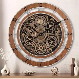 XXL Wanduhr Grosse Steampunk Uhr mit Arabischen und Römischen Ziffern, Hölzern, 53cm, Groß für Wohnzimmer, Küche, Bar - Bronze