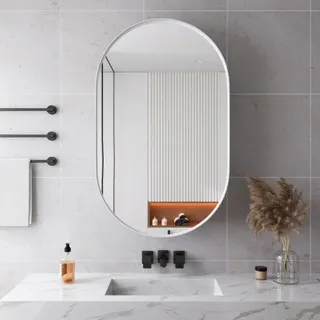 AIORBER Spiegelschrank, Ovale Form, Metallrahmen, Einbau oder Wandmontage, mit verstellbaren Einlegeböden, für Bad und Schlafzimmer, 85x51,5cm - Weiß