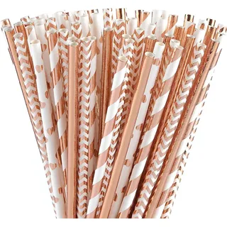 ALINK 100 pcsRoségold Papier Trinkhalm Hen Party Papierstrohhalme RoseGold Paper Straws 4 Styles Plastikfrei Strohhalme für JGA, Hochzeit, Geburtstag, Partyzubehör