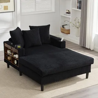 LVHOM Schlafsofa mit LED & USB, Chaiselongue mit Becherhalter & Stauraum, großes Einzelsofa bis 300kg belastbar, inkl. 3 Kissen, 129x170cm, Schwarz - Schwarz