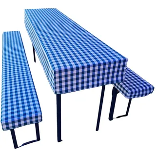 Bierzeltgarnitur Auflage (3er Set) aus 1x Tischdecke und 2X Bierbankhussen. Größe und Farben wählbar. (220 x 50 cm, Blau kariert)