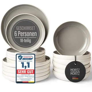 Moritz & Moritz Steingut Geschirr Set 6 Personen – 18-tlg. Teller Set mit Servierteller, Dessertteller & Suppenteller – Farbe Stone – Serie Cavo