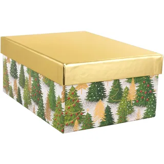 IDENA 31494 - Geschenkbox mit Deckel in der Größe 20 x 15 cm, Geschenkschachtel für Weihnachten mit Tannenbäumen in Grün und Gold