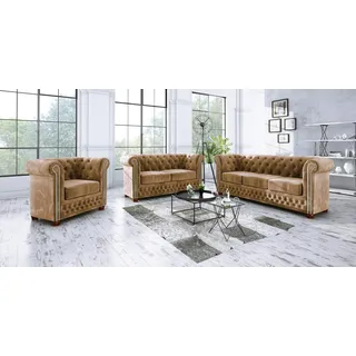 Chesterfield Sofagarnitur 3+2 Sitzer Sofa Sitz Couch Polster Garnitur Couchen - Hellbraun