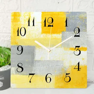 Wanduhr aus Holz, geräuschlos, Nicht tickend, gelb, grau, weiß, abstrakte Malerei, modern, quadratisch, rustikal, rustikal, für Zuhause, Küche, Wohnzimmer, Büro, batteriebetrieben (30,5 cm)