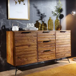 FineBuy Sideboard Sheesham Massivholz 160cm 2 Türen & 3 Schubladen - Massive Retro Kommode Metall Gestell - Design Natur Anrichte Handdustrial - Braun