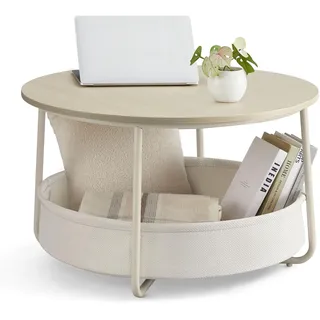 VASAGLE Couchtisch rund, Tisch mit Stauraum, Beistelltisch, Wohnzimmertisch mit Korb aus Stoff, modern, Metallrahmen, naturbeige-cremeweiß LCT244K01