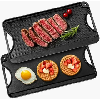 VEVOR wendbarer Grillplatte Bratpfanne Griddle aus Gusseisen (492 x 218 mm), tragbare rechteckige Pfanne mit Griff, Familienkochgeschirr für Herdplatten drinnen/draußen Grill, schwarz