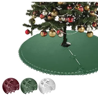 wometo Weihnachtsbaumdecke Ø120 cm grün Oeko-TEX mit Satinbändern & Knöpfen | Christbaumdecke / Baumunterlage aus Fleece - Landhaus-Muster, gestanzter Rand