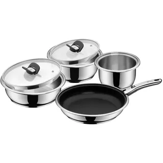 WMF Kochtopfset , Edelstahlfarben , Metall , 7-teilig , 16 cm , breiter Schüttrand, abnehmbare Griffe, TransTherm®-Allherdboden , Kochgeschirr, Töpfe, Topfsets