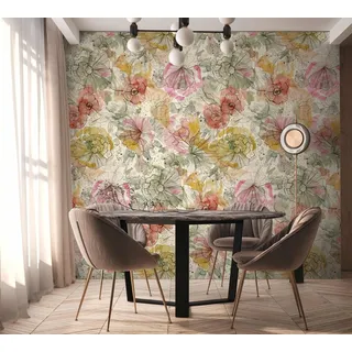 A.S. Création Blumentapete in Beige, Orange, Pink, Grün - hochwertige Vliestapete floral 396941 - Designtapete gemalt auf 10,05m x 0,53m - Made in Germany