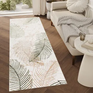 TAPISO Crystal Läufer Teppich Glänzend Gold Beige Grün Blätter Palmenblätter Wohnzimmer Schlafzimmer Flur Korridor Modern Design ÖKO-TEX 100 x 250 cm