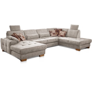 CAVADORE Wohnlandschaft Puccino mit Federkern, Sitztiefenverstellung und 2 Kopfstützen / Sofa in U-Form im Landhausstil / 340 x 86 x 224 cm / Mikrofaser Creme