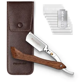 Störtebekker® Premium Rasiermesser mit Holzgriff im handgefertigten Lederetui (Café) inkl. Alaunstift & Rasurguide [+ 10 Klingen] - Geschenkidee - Rasiermesser Set - Nassrasierer Set - Rasierset