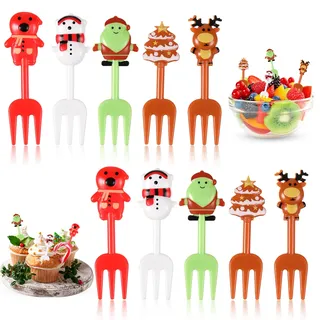 QESSUVNC 10 Stück Food Picks Wiederverwendbare Obstgabeln Weihnachtselemente Obstspieße Plastik Gabeln Bento Box Zubehör Christmas Gabeln Kuchen Snack Party