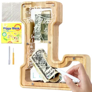 Lakpopya Spardose Kinder Buchstaben aus Holz für A-Z Personalisiert Sparschwein Durchsichtig Alphabet Sparbox, Geschenk Dekoration Taufe für Jungen Mädchen (L)