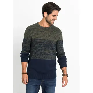 Strickpullover BONPRIX "Feinstrickpullover mit Komfortschnitt und Baumwolle", Herren, Gr. 56/58 (XL), grün (dunkeloliv dunkelblau quer gestreift), Obermaterial: 50% Baumwolle, 50% Polyacryl, regular fit, Pullover Strickpullover, aus Baumwolle und Polyacryl, mit Rundhalsausschnitt, Regular fit