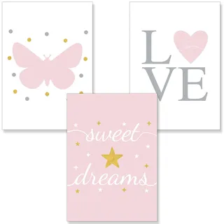 PREMYO Bilder Kinderzimmer Deko Mädchen - Poster Set Babyzimmer - Wandbilder Schlafzimmer Herz Schmetterling Rosa A4