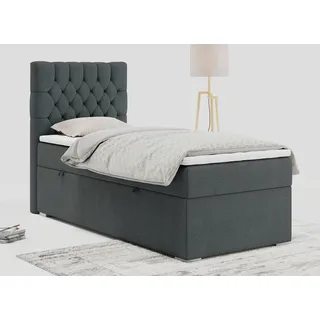 Einzelbett - Boxspringbett 90x200 mit Bettkasten und Matratzentopper - PERA 90 - links - Dunkelgrau - H3 - Grau