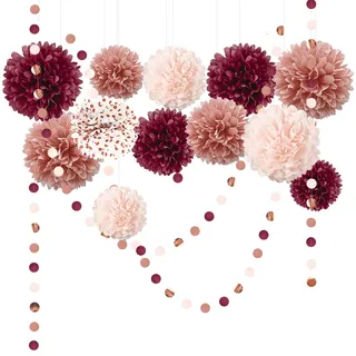 NICROLANDEE 15 Stück Weinrot, Rosa, Roségold, Seidenbommeln und Kreispunkte, Girlande, Party-Dekoration für Valentinstag, Brautparty, Geburtstagsfeier, Hochzeit, Bachelorette, Verlobung, Jubiläum