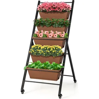 COSTWAY Vertikales Hochbeet 5 Etagen, Vertikalbeet mit Rollen&Pflanzkästen, Blumenbeet, Blumenkasten Blumentreppe, Gemüsebeet Kräuterbeet, 57x74x132cm - Braun