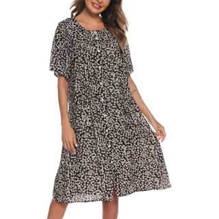 COSUNIONY Hauskleider für Damen, Baumwolle, kurzärmelig, Hausmantel, Knopfleiste, Staubwedel, Robe mit Taschen, S-XXL, Schwarze Blume, Groß