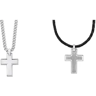 s.Oliver Kette mit Anhänger Edelstahl Herren Halsschmuck, 50 cm, Silber, Kreuz, Kommt in Schmuck Geschenk Box, 2026009 & Kette mit Anhänger Edelstahl Leder Herren Halsschmuck