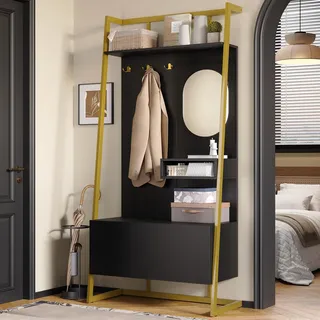 MODFU Minimalistische Kompaktgarderobe Flurschrank mit Spiegel und Metallhaken,Garderobenständer mit Schuhschrank und Scharnierdesign,Schwarz - Schwarz