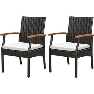 COSTWAY 2er Rattan Stühle Set, Gartenstuhl Polyrattan mit Rückenlehne & Armlehne aus Holz, Gartensessehl mit Sitzkissen, Rattansessel Gartenstühle für Outdoor Terrasen Balkon Garten - Weiß, Braun