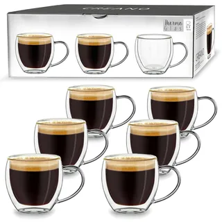 Creano doppelwandige Espresso-Gläser mit Henkel, 6er-Set 100ml, Mokkatassen, Thermo-Gläser mit Schwebe-Effekt