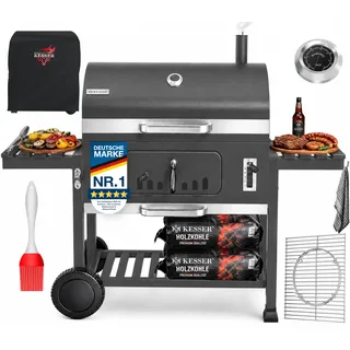 KESSER® Holzkohlegrill XXL Grillwagen Set mit Deckel & Thermometer – großer BBQ Kohlegrill Wagen, Smoker Grill mit Kamin & Lüftung, mit Grillrost, Warmhalterost & Ablage inkl. Haube, Bürste & Pinsel