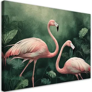 Feeby Wandbild flamingos botanik natur , Grün , Textil , Tiere , Rechteckig , 60x40 cm , Bilder & Rahmen, Bilder, Leinwandbilder