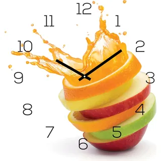 Wanduhr Glas 30x30cm Uhr Glasbild Orange Apfel Wasser Frucht Küche Wanddeko