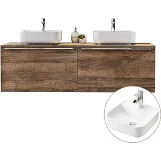 Doppelwaschtisch-Unterschrank 160cm mit 40cm Waschbecken PUEBLA-56 in Vintage Oak, B/H/T ca.: 160,4/62,5/46 cm - Weiß