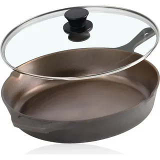 Mahlzeit Polierte Gusseisenpfanne mit Deckel, Ø 29,5 cm, Bratpfanne mit zwei Ausgießern, Gusspfanne - Braun