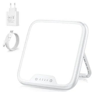 vthw Tageslichtlampe, 10000 Lux lampe mit Memory Funktion, 4 Timer, UV-Frei Sonnenlicht Lampe mit Touch-Steuerung, Stufenlosem Dimmen, Faltbar Halterung, für Hause/Büro [Energieklasse E]