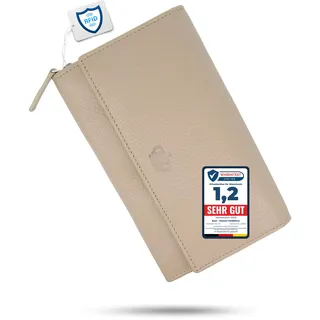 Baur XXL Damen Geldbörse – Echtes Leder mit RFID-Schutz – Extra großes Portemonnaie mit 18 Kartenfächern – Druckknopfverschluss & Münzfach mit Reißverschluss (Taupe)